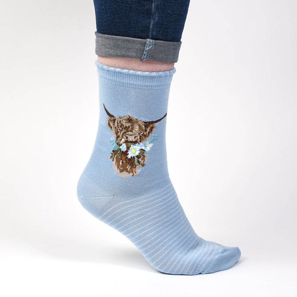 "Heilan coo, Highland Cow (Blue) Women's Bamboo Crew Socks"