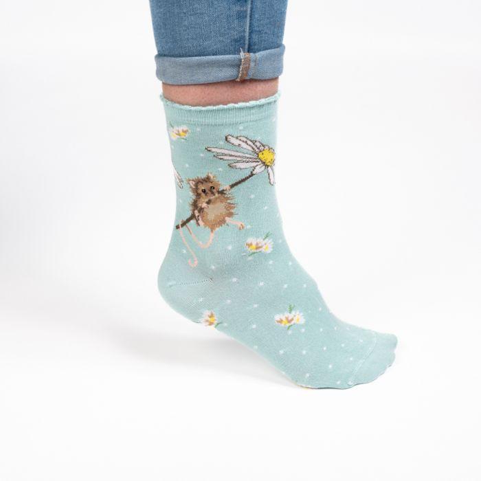 "Oops A Daisy, Mouse (Aqua) Women's Bamboo Crew Socks"